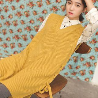 Checked Shirt / Lace Up Sleeveless Knit Dress