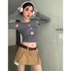 Long-sleeve Star Embroidered Cropped Top Gray - One Size