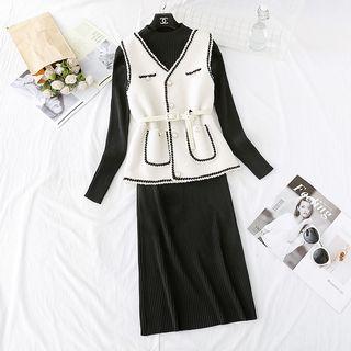 Set: Mock Neck Knit Dress + Sleeveless Button Top