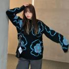 Color-block Flower-print Sweater Black - One Size