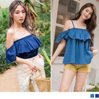 Ruffle Trim Off-shoulder Denim Top