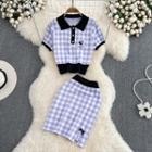 Set: Short Sleeve Check Polo Knit Top + Skirt