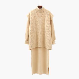Set: Long-sleeve Turtleneck Midi Knit Dress + V-neck Cable-knit Vest