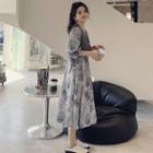 Set: Short-sleeve Bear Print Midi A-line Dress + Cropped Vest