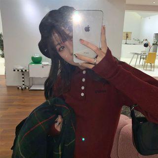 Puff-sleeve Letter Embroidered Knit Polo Shirt