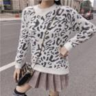 Set: Leopard Pattern Sweater + Plaid Pleated Skirt