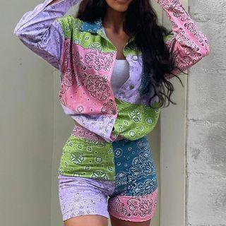 Set: Color-block Long-sleeve Blouse + Color-block Shorts
