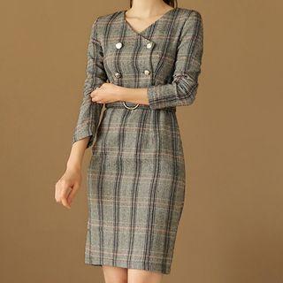 Plaid Long-sleeve Double-breasted Sheath Dress