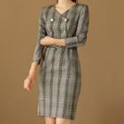 Plaid Long-sleeve Double-breasted Sheath Dress
