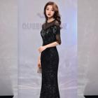 Elbow-sleeve Sequin Sheath Evening Gown