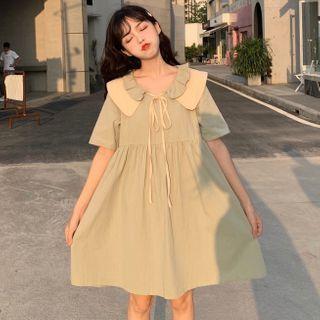 Elbow-sleeve Layered Collar A-line Dress
