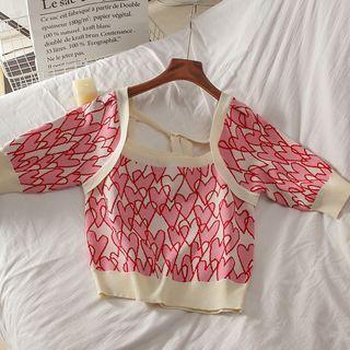 Short-sleeve Heart Print Knit Top Red - One Size