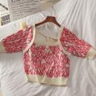 Short-sleeve Heart Print Knit Top Red - One Size
