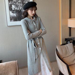 Long Cardigan / Sleeveless Midi Lace Dress