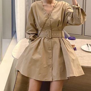 Single-breasted Long-sleeve Mini Shift Dress Khaki - One Size