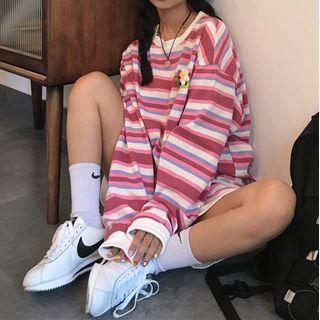 Long-sleeve Striped T-shirt With Flower Brooch - Stripe - Red & White & Light Purple - One Size