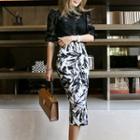 Elbow-sleeve Lace Top / Printed Pencil Skirt