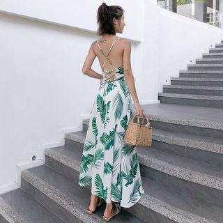 Spaghetti Strap Open Back Printed A-line Maxi Dress