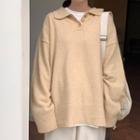 Long-sleeve Plain Polo Knit Top As Shown In Figure - One Size