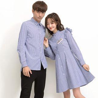 Couple Matching Striped Shirt / Striped A-line Shirt Dress