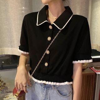 Short-sleeve Frill Trim Shirt Black - One Size