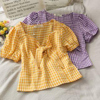 Ribbon-neckline Checker Crop Top