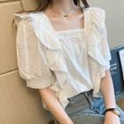 Short-sleeve Dotted Lace Trim Ruffle Blouse