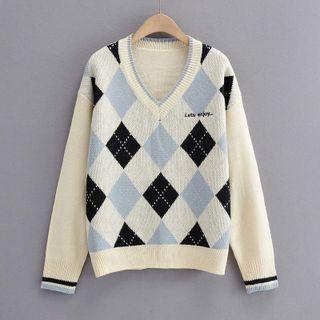 Long Sleeve V-neck Argyle Print Loose-fit Sweater