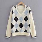 Long Sleeve V-neck Argyle Print Loose-fit Sweater
