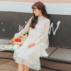 Long-sleeve Tiered Mesh Dress