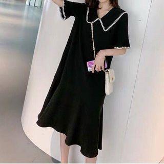 Contrast Trim Elbow-sleeve Midi A-line Dress