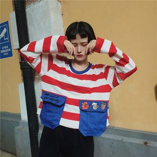 Embroidered Striped Cropped Long-sleeve T-shirt