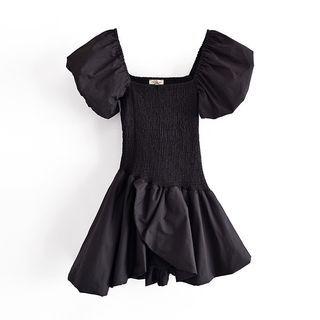 Puff-sleeve Square-neck Plain Shirred Mini Dress