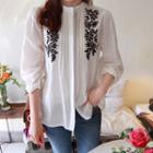 Mandarin-collar Embroidered Blouse White - One Size