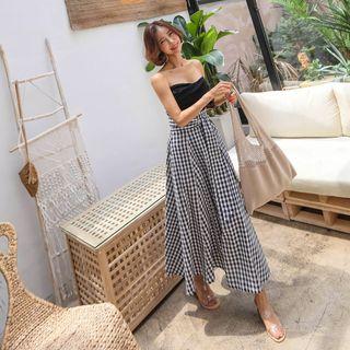 Tie-waist Gingham Long Skirt