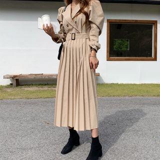 Puff-sleeve Pleated Coatdress With Belt Beige - One Size