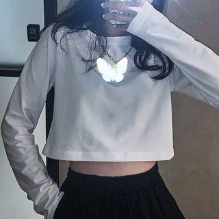 Long-sleeve Butterfly Reflective Print Crop Top