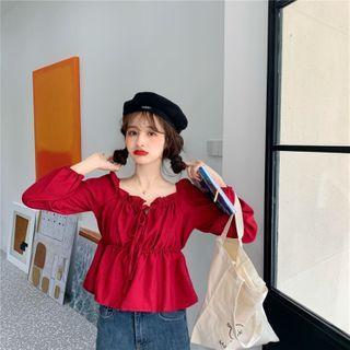 Square Neck Ruffle Plain Chiffon Long-sleeve Blouse Red - One Size