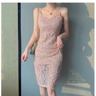 Spaghetti Strap Midi Sequined Lace Dress