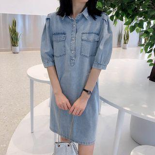 Elbow-sleeve Denim Mini A-line Dress Blue - One Size