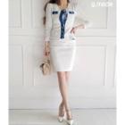 Set: Denim-trim Slim-fit Jacket + Sheath Skirt