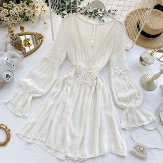 Long-sleeve V-neck Lace-panel A-line Dress White - One Size