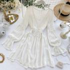 Long-sleeve V-neck Lace-panel A-line Dress White - One Size