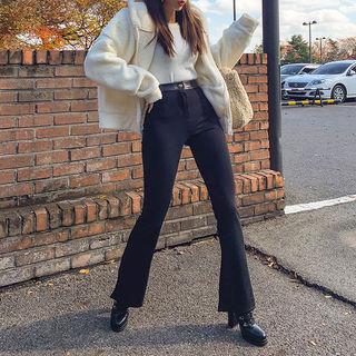 Band-waist Pleather-trim Boot-cut Pants
