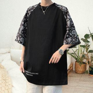 Elbow-sleeve Lettering Print Paisley Print Raglan T-shirt