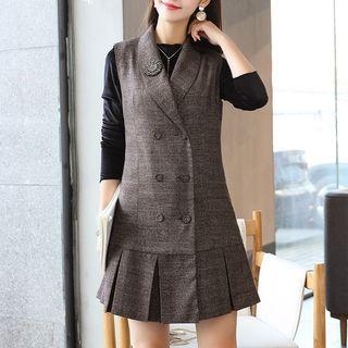 Plaid Double-breasted Sleeveless Coat Dress