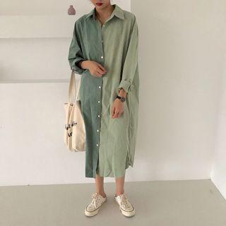 Long-sleeve Color Block Midi Shirtdress