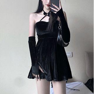 Set: Halter-neck A-line Velvet Dress + Arm Sleeves