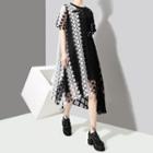 Short-sleeve Lace Midi Dress Black & White - One Size