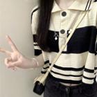 Short-sleeve Striped Knit Cropped Polo Shirt Almond - One Size